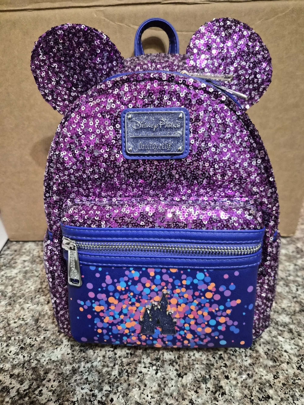 Loungefly Disney Purple Sequin Mini Backpack with Colorful Confetti Pocket